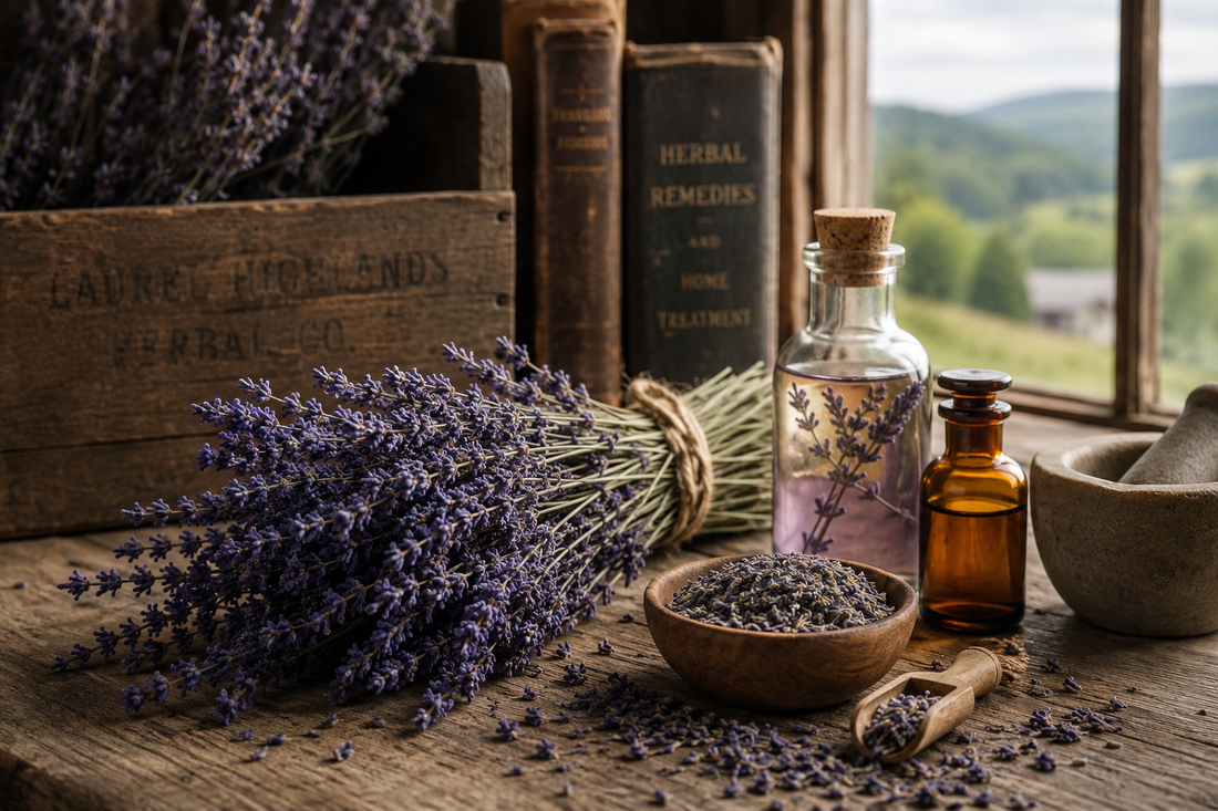Natural skincare ingredients - lavender, honey, olive oil, and tallow - used in traditional herbal medicine.